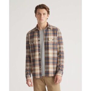 Quince Men Stretch Sweater Fleece Shirt Plaid Brown/Blue S